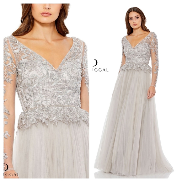 New Mac Duggal  11168 Embroidered Lace Illusion Long Sleeve A-Line Gown Size 4 H - Picture 4 of 8